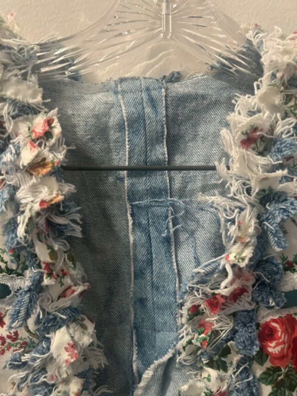 One of a Kind Upcycled Handcrafted Floral Lace Ribbon Distressed Denim Vest - Picture 2 of 16